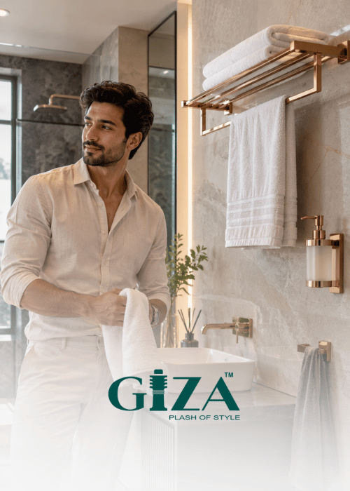 GIZA rose gold bath accessories in a luxury bathroom