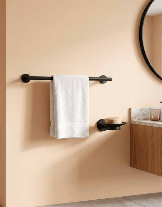GIZA matte black towel rod and soap dish in a luxury bathroom